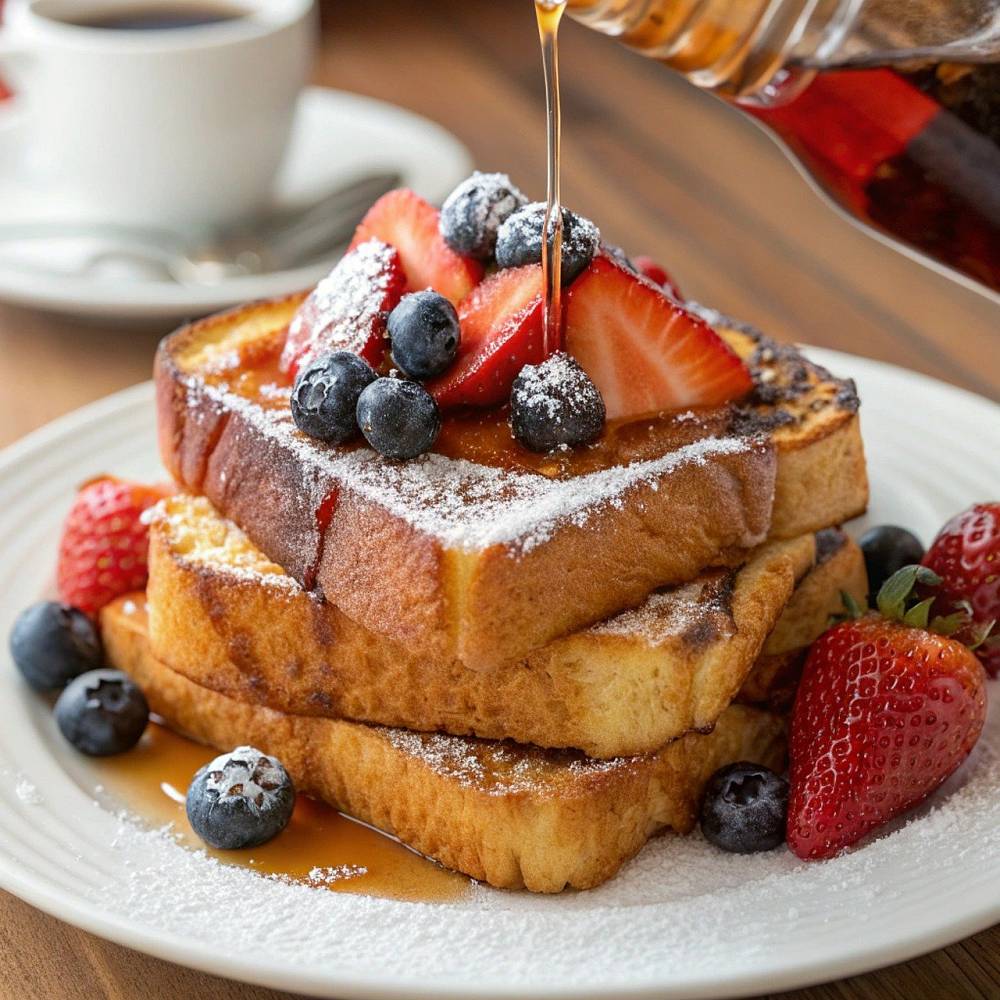 French Toast mit Erdbeeren und Heidelbeeren, auf den gerade Ahornsirup gegossen wird.